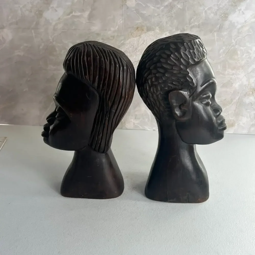 Vintage African Hand Carved Ebony Wood Head Sculptures 10.5
